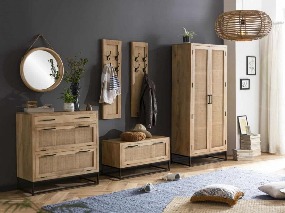 Garderobenschrank  Modern Massivholz Metall Rattan Mango Hellbraun