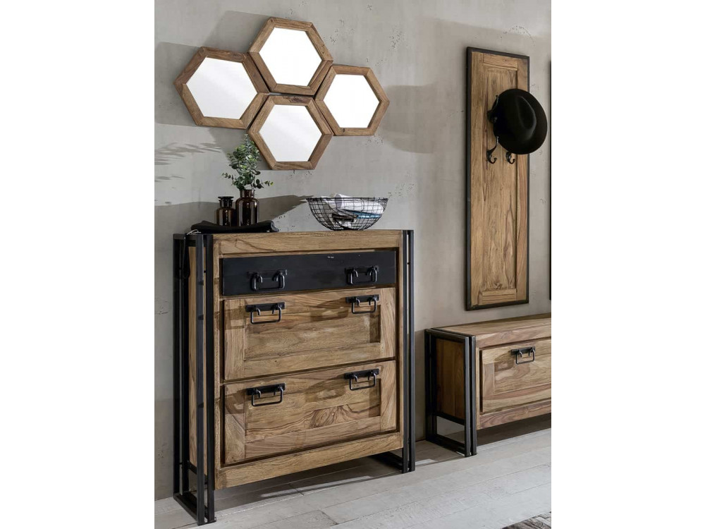 Schuhschrank Madras Kolonialstil Massivholz Metall Akazie Braun