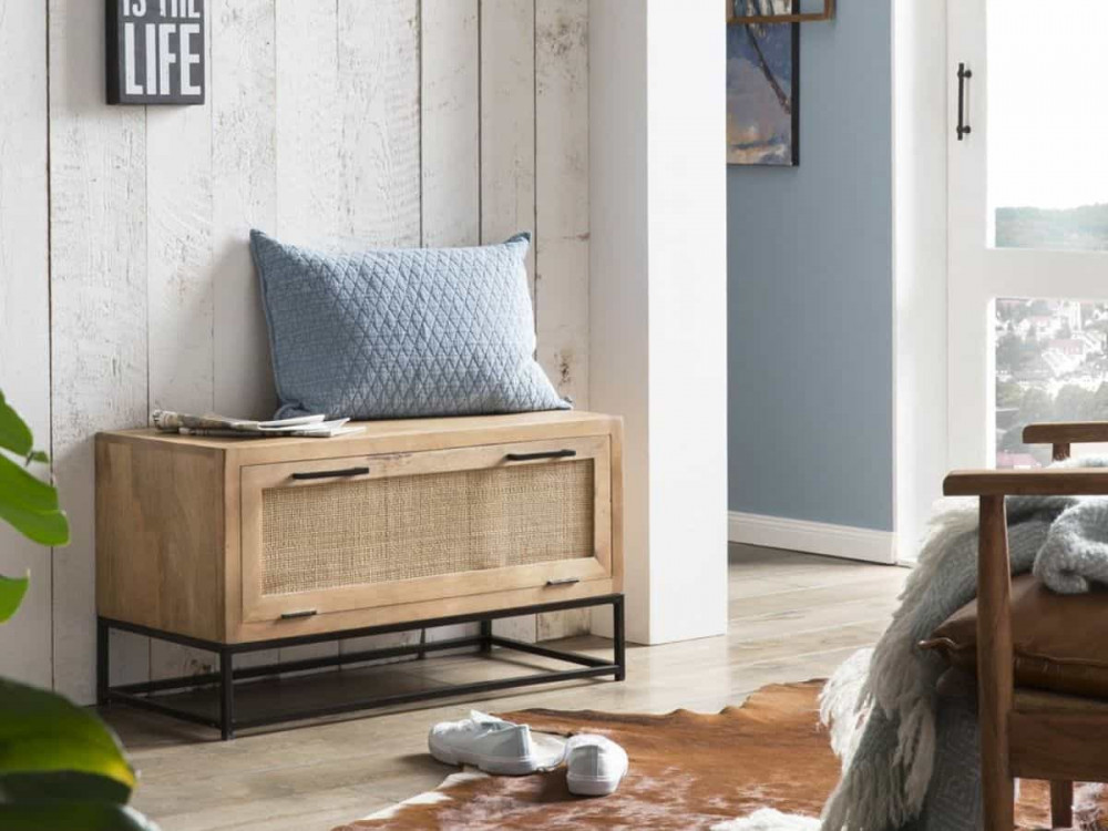 Schuhschrank  Modern Massivholz Metall Rattan Mango Hellbraun