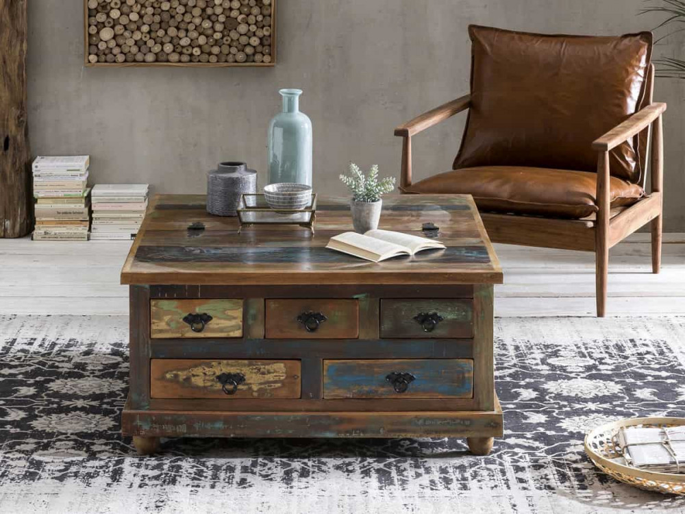 Truhentisch  Shabby Chic Massivholz Metall Recycletes Holz Braun