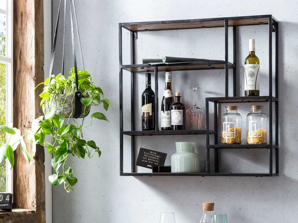 Wandregal Madras Modern Massivholz Metall Mango Braun