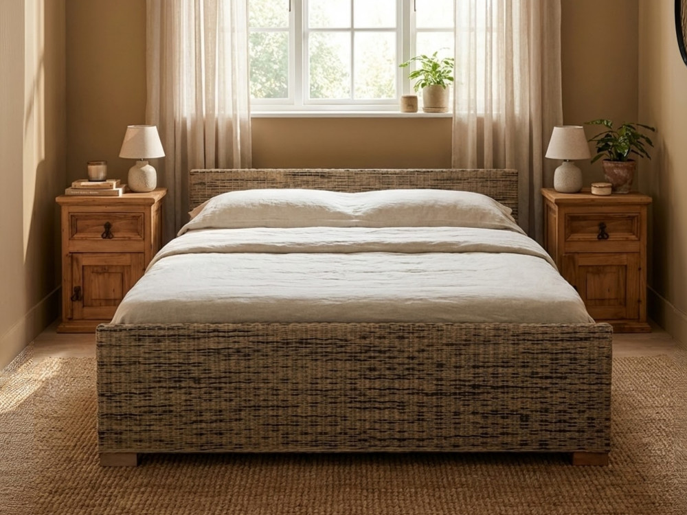 Bett Rattan Landhaus Massivholz Rattan Mahagoni Honig