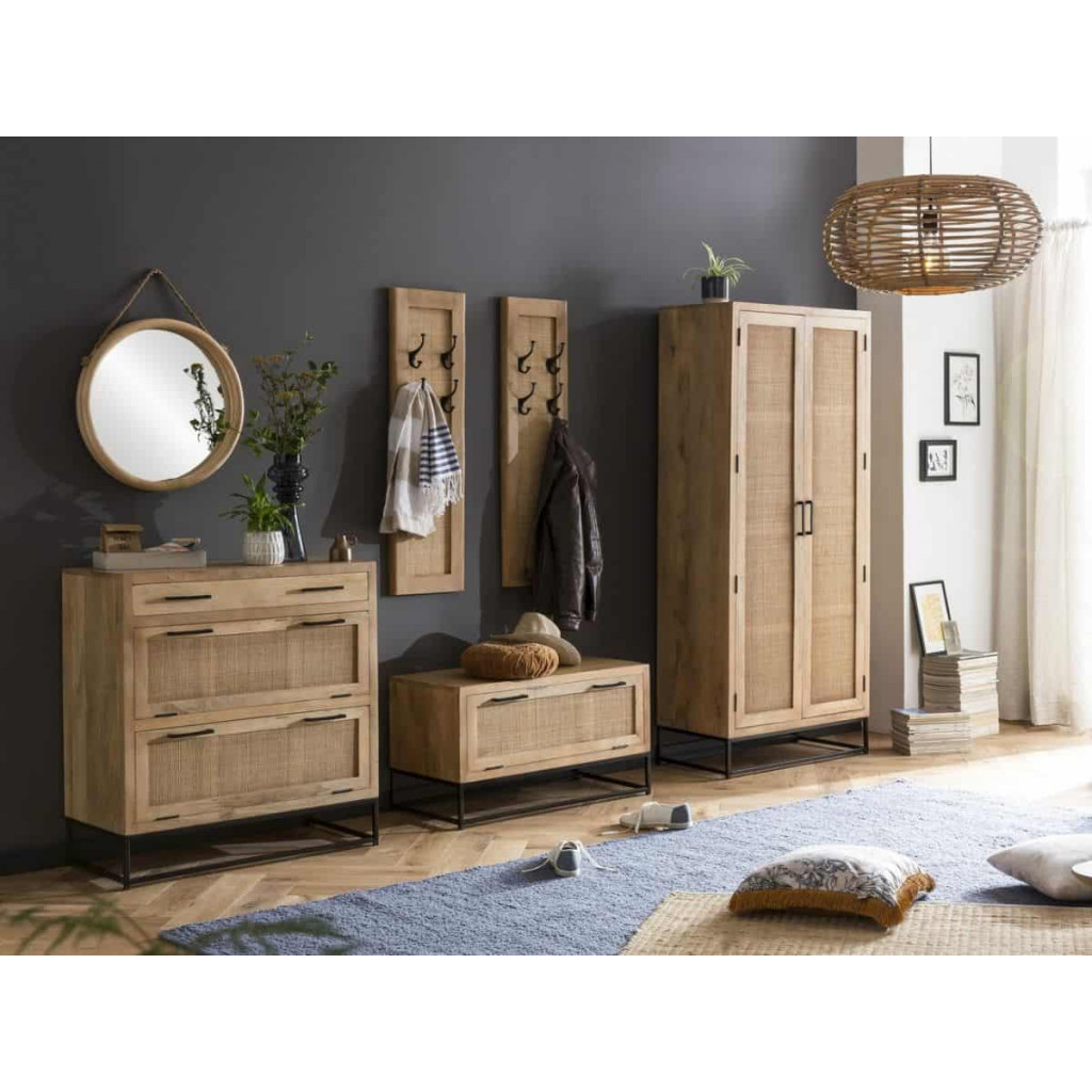 Garderobenschrank  Modern Massivholz Metall Rattan Mango Hellbraun