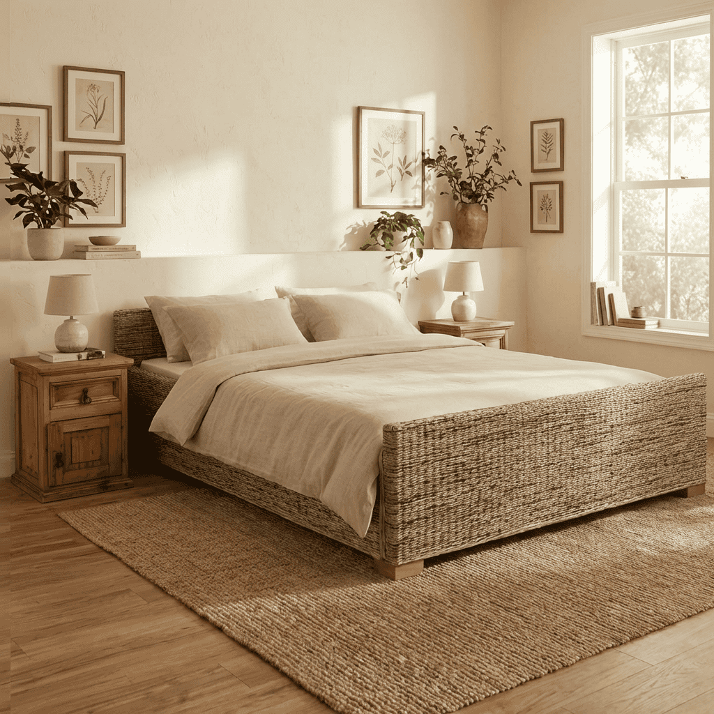 Bett Rattan Landhaus Massivholz Rattan Mahagoni Honig