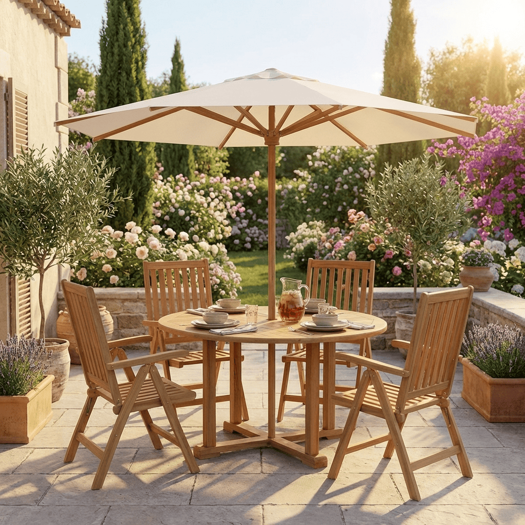 Schirm  Gartenmöbel Outdoor Modern 100% Polyester Massivholz Teak Weiß